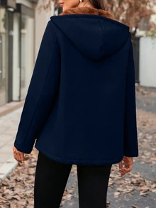 Yalmera Women's Solid Color Thermal Lined Hoodie With Pockets, Regular Fit Casual Everyday Jacket, Autumn/Winter - Navy Blue - View 2