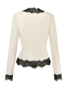 Yalmera Women's Beige Ribbed Knit Cardigan, V-Neck Long Sleeve, Black Lace Trim, Slim Fit, Versatile Layering Everyday Jacket - Multicolor - View 2