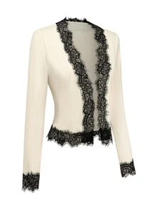 Yalmera Women's Beige Ribbed Knit Cardigan, V-Neck Long Sleeve, Black Lace Trim, Slim Fit, Versatile Layering Everyday Jacket - Multicolor - View 3