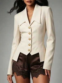 Yalmera Women's Slim Fit Blazer, Cream Color Large Lapel Single-Breasted Gold Buttons, Ruffle Hem Slim Fit Jacket, Fashionable Formal Daily Office Outerwear - Khaki - View 7