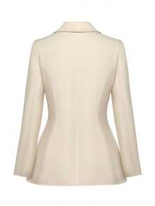 Yalmera Women's Slim Fit Blazer, Cream Color Large Lapel Single-Breasted Gold Buttons, Ruffle Hem Slim Fit Jacket, Fashionable Formal Daily Office Outerwear - Khaki - View 2