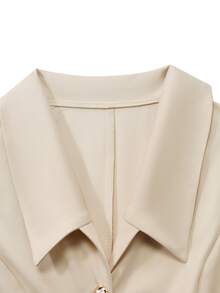 Yalmera Women's Slim Fit Blazer, Cream Color Large Lapel Single-Breasted Gold Buttons, Ruffle Hem Slim Fit Jacket, Fashionable Formal Daily Office Outerwear - Khaki - View 4