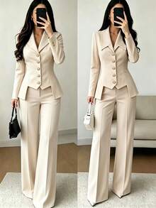 Yalmera Women's Slim Fit Blazer, Cream Color Large Lapel Single-Breasted Gold Buttons, Ruffle Hem Slim Fit Jacket, Fashionable Formal Daily Office Outerwear - Khaki - View 9
