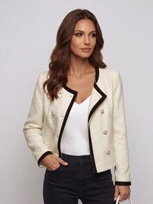 Yalmera Women's Colorblock Double-Breasted Long Sleeve Elegant Regular Fit Jacket - Apricot - View 8