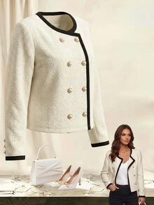 Yalmera Women's Colorblock Double-Breasted Long Sleeve Elegant Regular Fit Jacket - Apricot - View 9