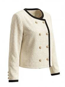 Yalmera Women's Colorblock Double-Breasted Long Sleeve Elegant Regular Fit Jacket - Apricot - View 7