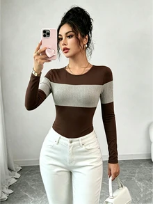 Elenzga 2025 女款新款秋季休閒時尚拼接羅紋刷毛設計 高質感圓領標準肩修身顯瘦 百搭長袖日常穿著內搭外穿連身衣 - 棕色 - 查看 6