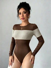 Elenzga 2025 女款新款秋季休閒時尚拼接羅紋刷毛設計 高質感圓領標準肩修身顯瘦 百搭長袖日常穿著內搭外穿連身衣 - 棕色 - 查看 5