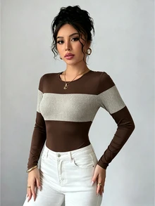 Elenzga 2025 女款新款秋季休閒時尚拼接羅紋刷毛設計 高質感圓領標準肩修身顯瘦 百搭長袖日常穿著內搭外穿連身衣 - 棕色 - 查看 7