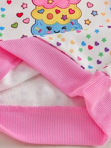 SHEIN 2件組女嬰可愛甜美粉白冰淇淋愛心星星長袖圓領加厚毛絨運動衫褲套裝，適合派對、秋季、聖誕 - 彩色 - 查看 9