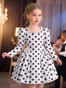 Elladie kids 幼女秋季白色波點長袖A字圓領洋裝，珍珠領飾，優雅可愛復古風格幼童秋季服飾 - 白色 - 查看 1