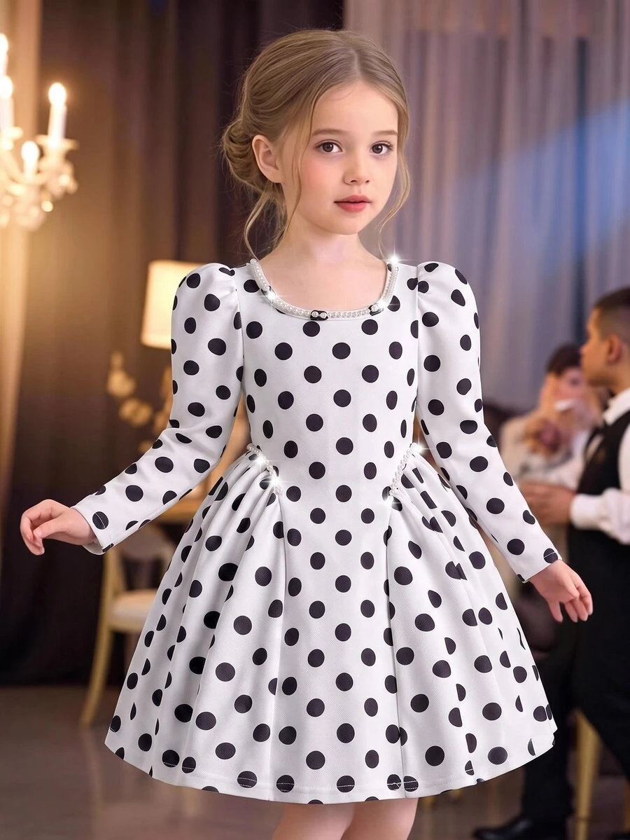 Elladie kids 幼女秋季白色波點長袖A字圓領洋裝,珍珠領飾,優雅可愛復古風格幼童秋季服飾 - 白色 - 查看 1