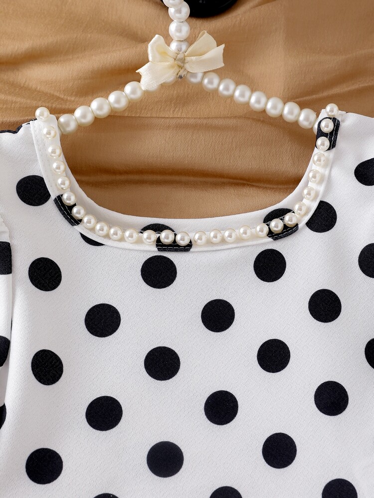 Elladie kids Young Girls Autumn White Polka Dot Long Sleeve A Line Dress With Round Neck And Pearl Neckline Trim Elegant Cute Vintage Toddler Kid Fall Clothing - White - View 7