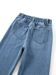 SHEIN ChillGRL 青少年女孩 Y2K 風格可愛蝴蝶結刺繡寬腿牛仔褲 新款直筒褲 全季節百搭時尚牛仔褲 - 中等水洗藍 - 查看 7