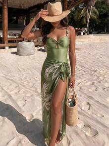 SHEIN Swim 春假新款女士夏季度假纯色纹理细肩带交叉串珠露背镂空抽绳配套高端印花网纱沙滩裙泳衣套装，节日波西米亚热带风情绿色度假装丛林主题装绿色泳衣绿色泳装 - 綠色 - 查看 1