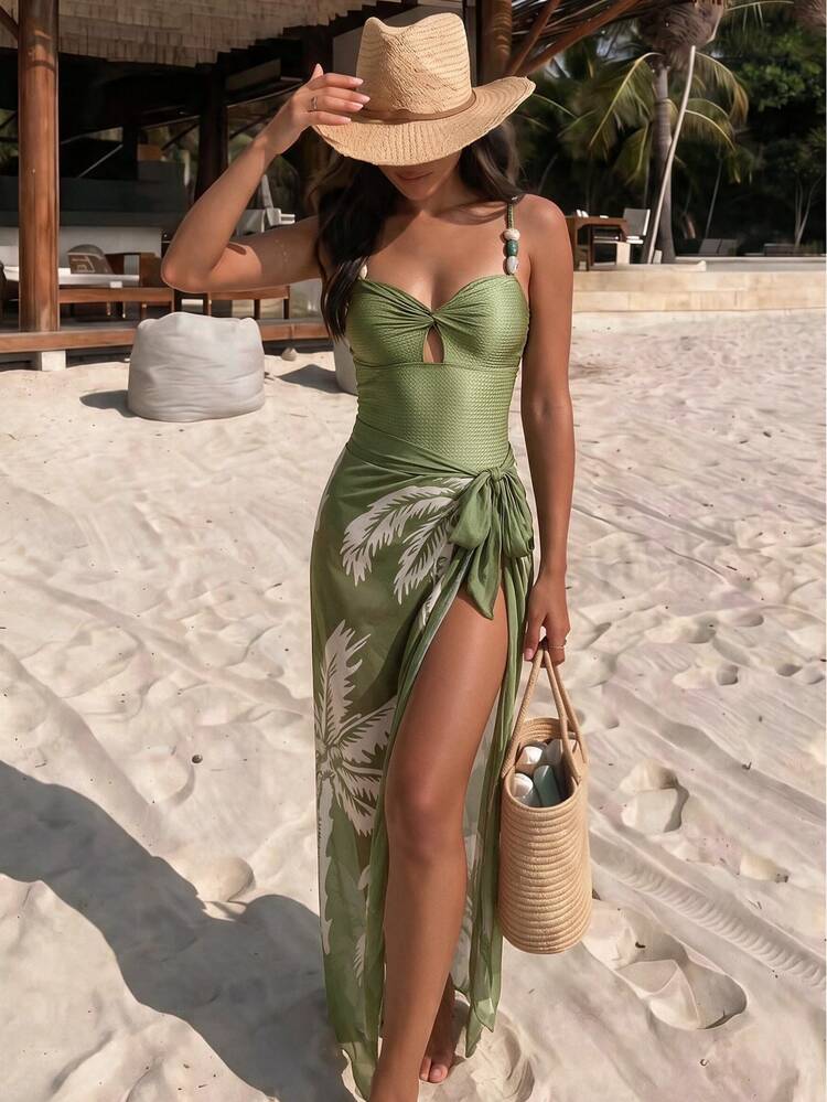 SHEIN Swim Women's Olive Green Summer Casual Beach Holiday Vacation Holiday Swimsuit Set,Textured Spaghetti Strap Beaded Back Hollow Out Mesh Skirt Outfit - Green - View 1