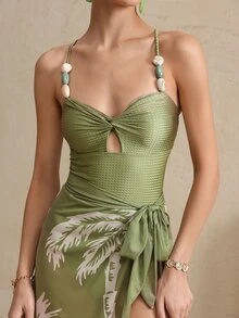 SHEIN Swim 春假新款女士夏季度假纯色纹理细肩带交叉串珠露背镂空抽绳配套高端印花网纱沙滩裙泳衣套装，节日波西米亚热带风情绿色度假装丛林主题装绿色泳衣绿色泳装 - 綠色 - 查看 3