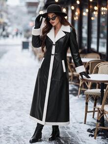 Editum Women's Fashion Contrast Color Horn Button Pocket Overcoat - Black - View 6