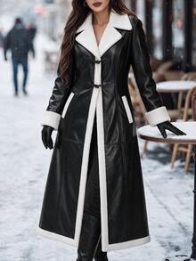 Editum Women's Fashion Contrast Color Horn Button Pocket Overcoat - Black - View 4