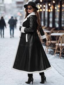 Editum Women's Fashion Contrast Color Horn Button Pocket Overcoat - Black - View 3