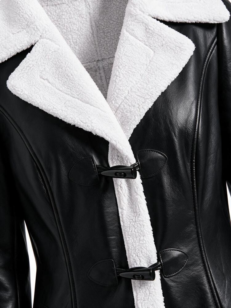 Editum Women's Fashion Contrast Color Horn Button Pocket Overcoat - Black - View 9