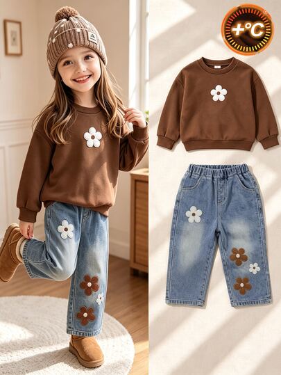 SHEIN Elladie kids Conjunto de 2 peças para rapariga jovem com sweatshirt forrada a polar e bordado floral & jeans de perna larga com lavagem azul degradê, roupa casual doce para outono/inverno