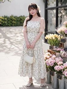 Bijouette Zanying 櫻花季末班車限量版大尺碼黑色碎花抓皺細肩帶洋裝，寬鬆A字大裙襬剪裁，黑色配白色小碎花，方領抓皺上身＋多層荷葉邊裙襬，修飾腹部、臀部與大腿，適合梨形與蘋果型身材，全尺碼友善不緊身，初夏雪紡面料，日系溫柔風，適合通勤、約會、旅行與賞花，黃金週逛店穿搭，大尺碼女款顯瘦碎花長洋裝（可搭配蕾絲內搭） - 藍白色 - 查看 13