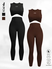 SHEIN Velisys 2套女款黑色深棕色背心內搭褲套裝，針織無縫4件套，適用瑜伽跑步騎行健身運動休閒夏季健身房 - 彩色 - 查看 8