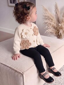SHEIN Baby Girls 2pcs Autumn Toddler 3D Floral Ribbed Knit Long Sleeve Button Cardigan Jacket And Black Leggings Matching Outfits Fall Clothing - Apricot - View 1