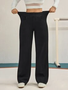 Flexra 女款黑色彈性腰刷毛四向彈力布料秋冬百搭顯瘦修身休閒運動風牛仔寬腿褲 - 黑色 - 查看 8