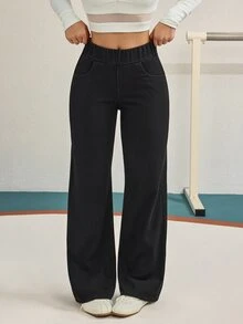Flexra 女款黑色彈性腰刷毛四向彈力布料秋冬百搭顯瘦修身休閒運動風牛仔寬腿褲 - 黑色 - 查看 7