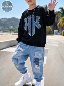 2pcs/Set Tween Boy Casual Fashion Comfortable Sweatshirt Set, Digital Print Long Sleeve Top, Outfit, Autumn/Winter Wear, Boys' Black Crew Neck Sweatshirt And Sweatpants Set - Multicolor - View 1