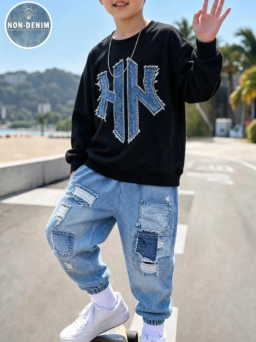 2pcs/Set Tween Boy Casual Fashion Comfortable Sweatshirt Set, Digital Print Long Sleeve Top, Outfit, Autumn/Winter Wear, Boys' Black Crew Neck Sweatshirt And Sweatpants Set - Multicolor - View 1