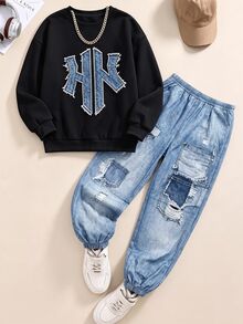 2pcs/Set Tween Boy Casual Fashion Comfortable Sweatshirt Set, Digital Print Long Sleeve Top, Outfit, Autumn/Winter Wear, Boys' Black Crew Neck Sweatshirt And Sweatpants Set - Multicolor - View 2
