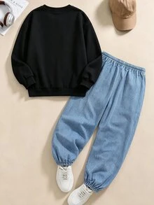 2pcs/Set Tween Boy Casual Fashion Comfortable Sweatshirt Set, Digital Print Long Sleeve Top, Outfit, Autumn/Winter Wear, Boys' Black Crew Neck Sweatshirt And Sweatpants Set - Multicolor - View 3