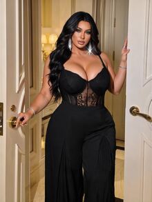 NU&NOW Plus Bodysuit Cami Renda Kontras & Celana Panjang Lebar - Hitam - View 2