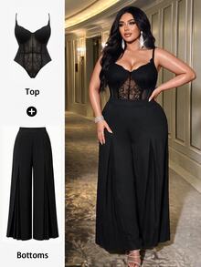 NU&NOW Plus Bodysuit Cami Renda Kontras & Celana Panjang Lebar - Hitam - View 1