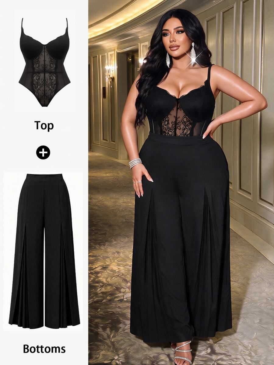 NU&NOW Plus Bodysuit Cami Renda Kontras & Celana Panjang Lebar - Hitam - View 1