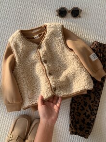 男女嬰兒/幼兒 3件組秋冬保暖內裡加厚休閒可愛羊羔絨背心外套套裝，嬰兒運動套裝，冬季穿搭套裝，嬰兒衣物 - 棕色 - 查看 3