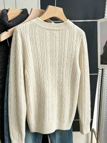 Pariaura Women's Fall Winter Solid Color V-Neck Casual Versatile Daily Long Sleeve Sweater - Apricot - View 2