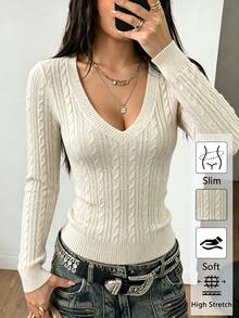 Pariaura Women's Fall Winter Solid Color V-Neck Casual Versatile Daily Long Sleeve Sweater - Apricot - View 5
