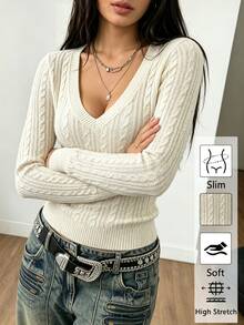 Pariaura Women's Fall Winter Solid Color V-Neck Casual Versatile Daily Long Sleeve Sweater - Apricot - View 4