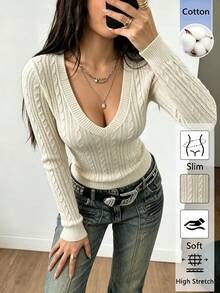 Pariaura Women's Fall Winter Solid Color V-Neck Casual Versatile Daily Long Sleeve Sweater - Apricot - View 6