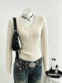 Pariaura Women's Fall Winter Solid Color V-Neck Casual Versatile Daily Long Sleeve Sweater - Apricot - View 3