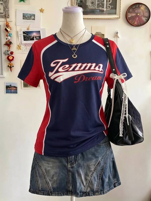 Lalippa Letter & Numeral Print Casual Round Neck Short Sleeve T-Shirt, Gift For Friends
