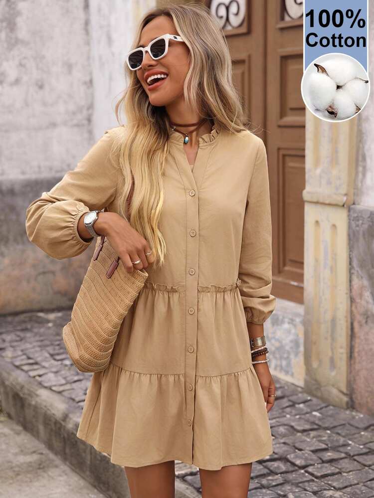 Brillora Khaki Ruffle Collar Button‑Up Tiered Cotton Mini Dress For Vacation Hangout,100% Cotton,Vacation,Casual Street,Fall Outfits,Casual Dresses,Work Outfit - Khaki - View 3