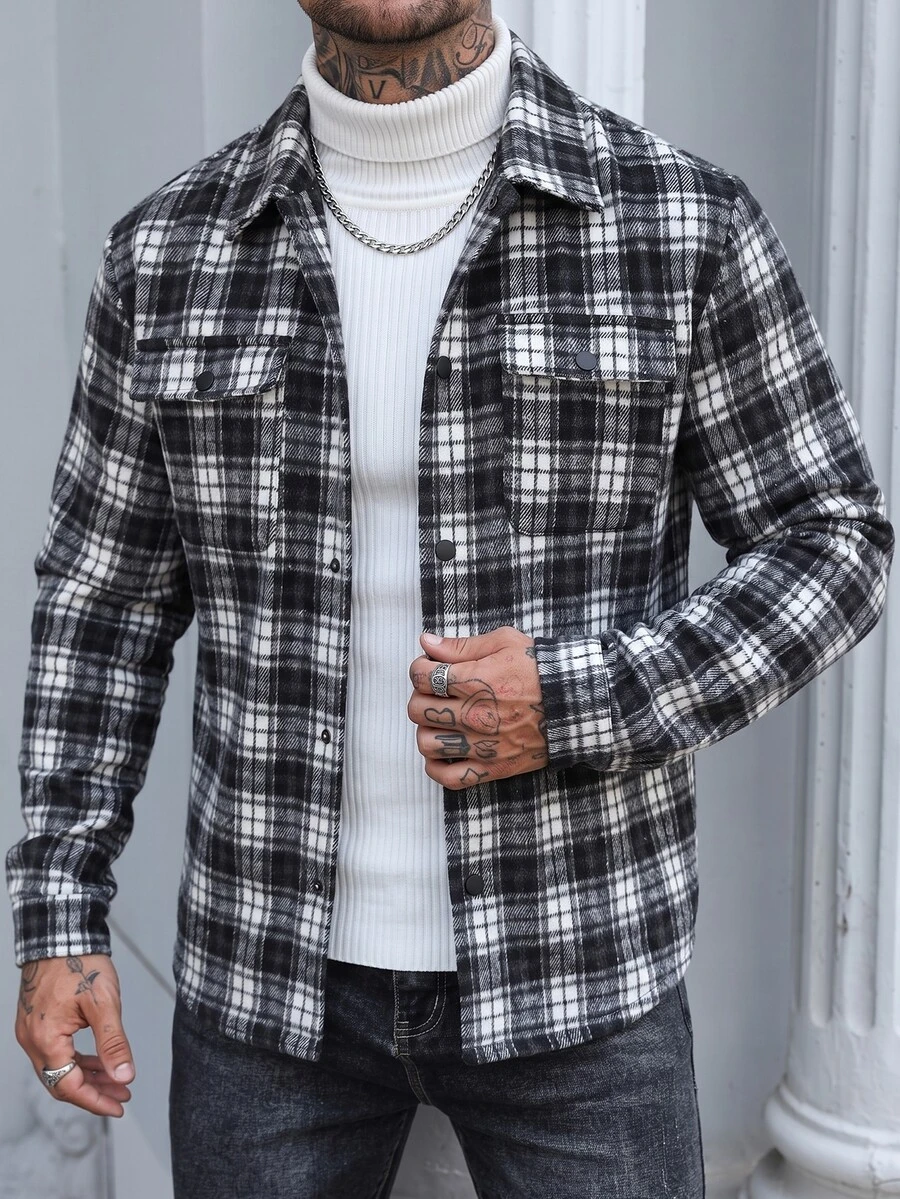 Manfinity CasualCool Men's Casual Fashion Black And White Plaid Overcoat - Black and White - View 1