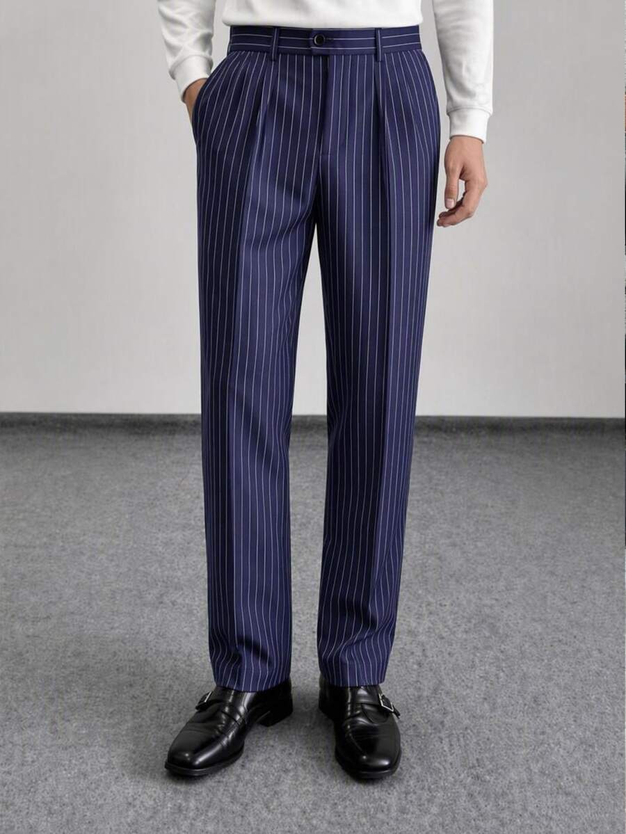 Manfinity RebelGame Men's Casual Business Casual Commute Striped Pants Work Navy Blue Autumn Baggypants Men - Navy Blue - View 1