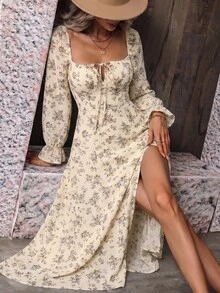 Breezaya 夏季优雅碎花高开衩长裙度假沙滩装女装 - 杏色 - 查看 5