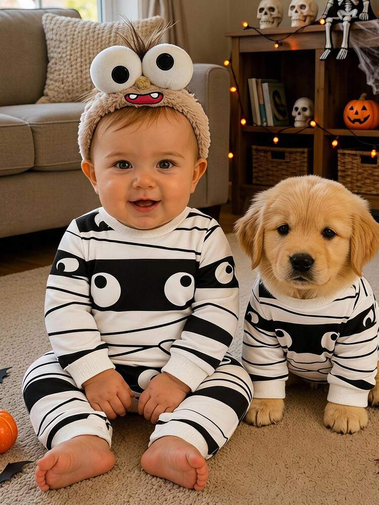 SHEIN Baju Terusan Bayi Unisex Laki-laki/Perempuan Baru Lahir, Motif Mumi Lucu, Baju Terusan Bayi, Pakaian Musim Dingin Bayi, Halloween - Putih - View 1
